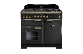 Rangemaster Classic Deluxe 100 Dual Fuel Range Cooker (Brass Details) - Charcoal Black