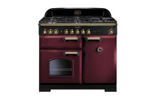 Rangemaster Classic Deluxe 100 Dual Fuel Range Cooker (Brass Details) - Cranberry