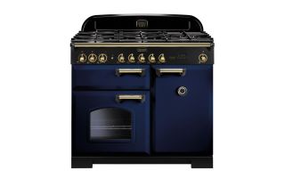 Rangemaster Classic Deluxe 100 Dual Fuel Range Cooker (Brass Details) - Regal Blue