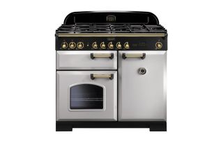 Rangemaster Classic Deluxe 100 Dual Fuel Range Cooker (Brass Details) - Royal Pearl