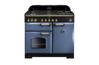 Rangemaster Classic Deluxe 100 Dual Fuel Range Cooker (Brass Details) - Stone Blue