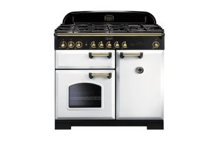 Rangemaster Classic Deluxe 100 Dual Fuel Range Cooker (Brass Details) - White