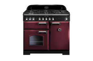 Rangemaster Classic Deluxe 100 Dual Fuel Range Cooker (Chrome Details) - Cranberry