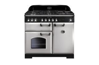 Rangemaster Classic Deluxe 100 Dual Fuel Range Cooker (Chrome Details) - Royal Pearl