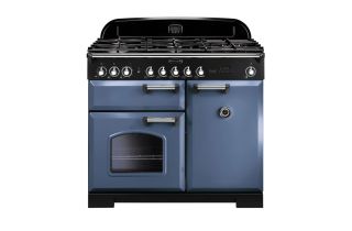Rangemaster Classic Deluxe 100 Dual Fuel Range Cooker (Chrome Details) - Stone Blue
