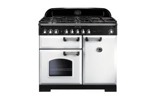 Rangemaster Classic Deluxe 100 Dual Fuel Range Cooker (Chrome Details) - White