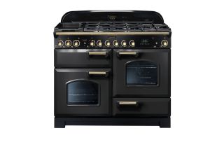 Rangemaster Classic Deluxe 110 Dual Fuel Range Cooker (Brass Details) - Charcoal Black