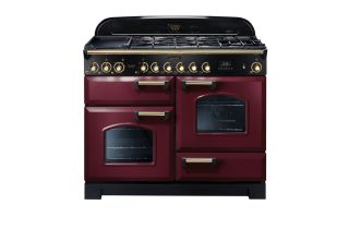 Rangemaster Classic Deluxe 110 Dual Fuel Range Cooker (Brass Details) - Cranberry