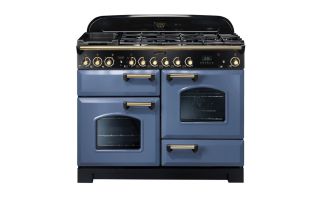 Rangemaster Classic Deluxe 110 Dual Fuel Range Cooker (Brass Details) - Stone Blue