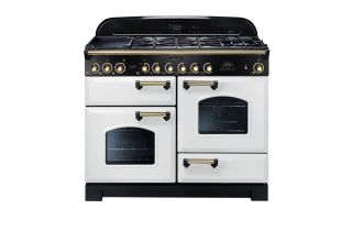 Rangemaster Classic Deluxe 110 Dual Fuel Range Cooker (Brass Details) - White