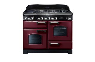 Rangemaster Classic Deluxe 110 Dual Fuel Range Cooker (Chrome Details) - Cranberry