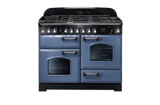 Rangemaster Classic Deluxe 110 Dual Fuel Range Cooker (Chrome Details) - Stone Blue