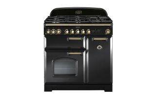 Rangemaster Classic Deluxe 90 Dual Fuel Range Cooker (Brass Details) - Charcoal Black