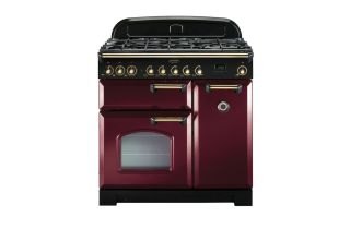 Rangemaster Classic Deluxe 90 Dual Fuel Range Cooker (Brass Details) - Cranberry