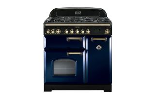Rangemaster Classic Deluxe 90 Dual Fuel Range Cooker (Brass Details) - Regal Blue