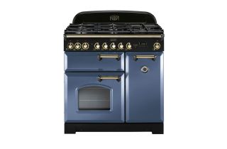 Rangemaster Classic Deluxe 90 Dual Fuel Range Cooker (Brass Details) - Stone Blue