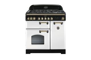 Rangemaster Classic Deluxe 90 Dual Fuel Range Cooker (Brass Details) - White