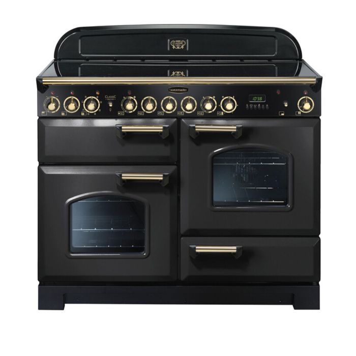 Rangemaster Classic Deluxe 110 Ceramic Range Cooker (Brass Details) - Charcoal Black main product photo