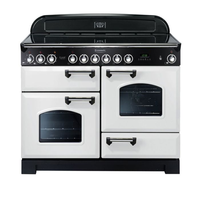 Rangemaster Classic Deluxe 110 Ceramic Range Cooker (Chrome Details) - White main product photo