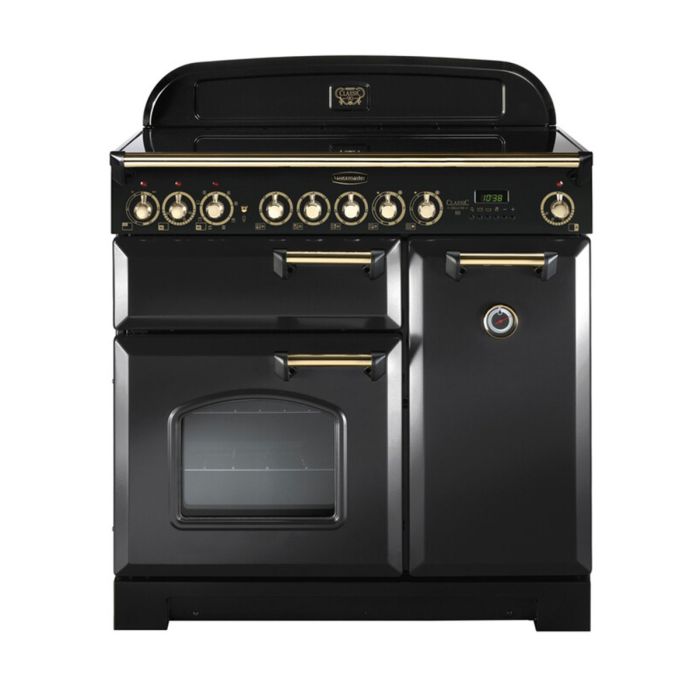 Rangemaster Classic Deluxe 90 Ceramic Range Cooker (Brass Details) - Charcoal Black main product photo