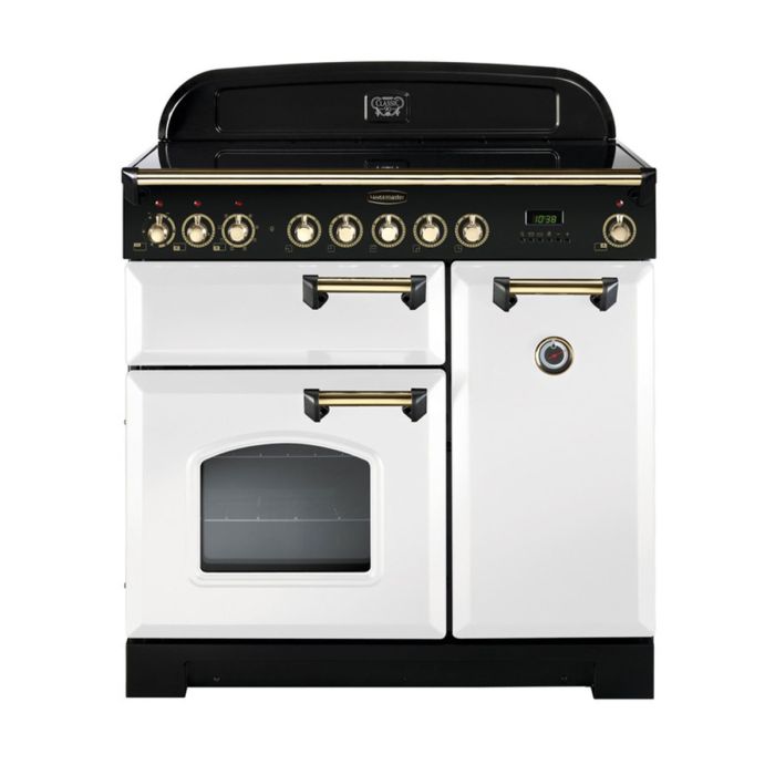 Rangemaster Classic Deluxe 90 Ceramic Range Cooker (Brass Details) - White main product photo