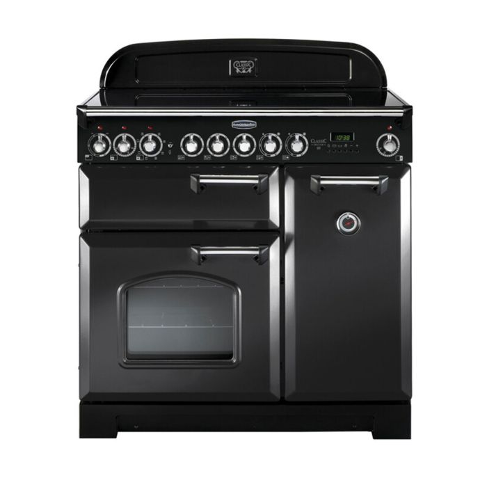 Rangemaster Classic Deluxe 90 Ceramic Range Cooker (Chrome Details) - Charcoal Black main product photo