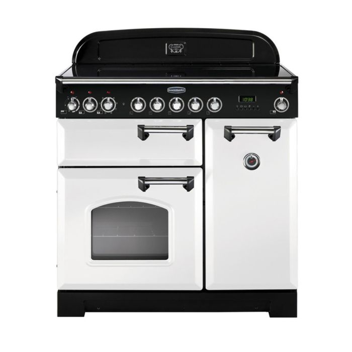 Rangemaster Classic Deluxe 90 Ceramic Range Cooker (Chrome Details) - White main product photo