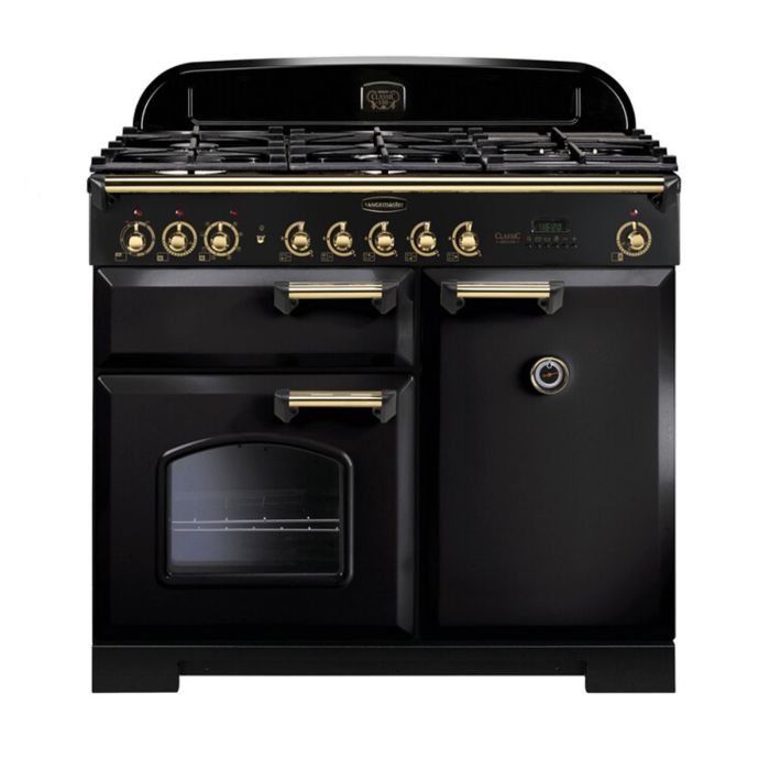 Rangemaster Classic Deluxe 100 Dual Fuel Range Cooker (Brass Details) - Black main product photo