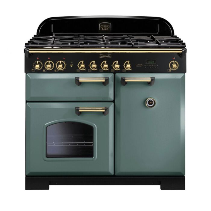 Rangemaster Classic Deluxe 100 Dual Fuel Range Cooker (Brass Details) - Mineral Green main product photo