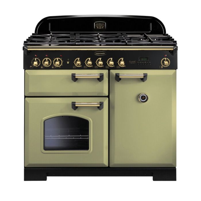 Rangemaster Classic Deluxe 100 Dual Fuel Range Cooker (Brass Details) - Olive Green main product photo