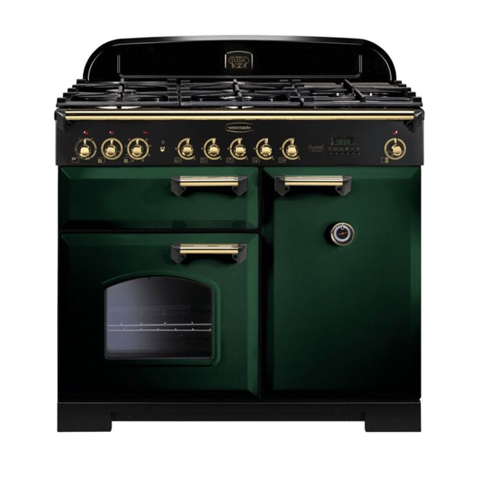 Rangemaster Classic Deluxe 100 Dual Fuel Range Cooker (Brass Details) - Racing Green main product photo