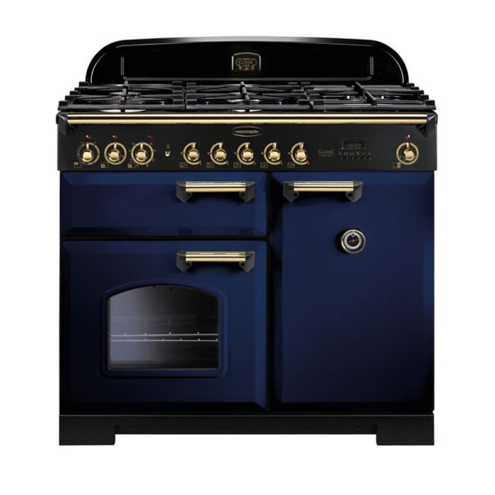 Rangemaster Classic Deluxe 100 Dual Fuel Range Cooker (Brass Details) - Regal Blue main product photo