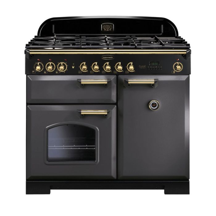 Rangemaster Classic Deluxe 100 Dual Fuel Range Cooker (Brass Details) - Slate main product photo