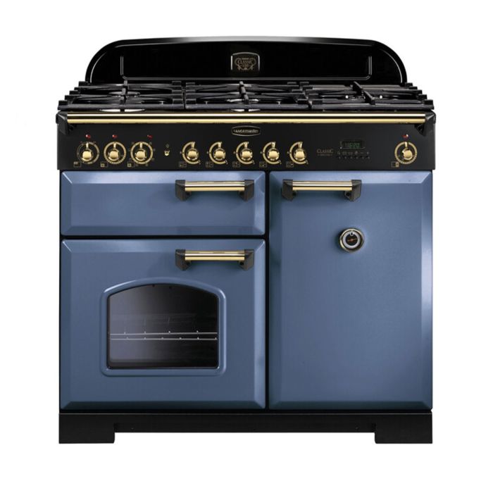 Rangemaster Classic Deluxe 100 Dual Fuel Range Cooker (Brass Details) - Stone Blue main product photo