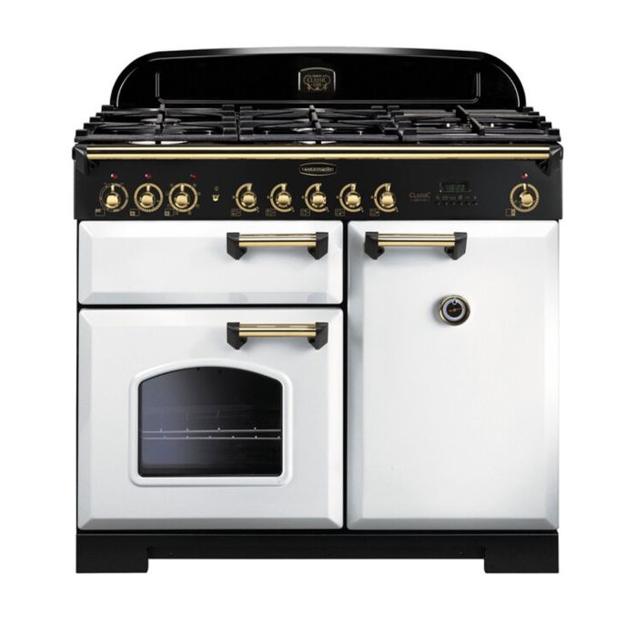 Rangemaster Classic Deluxe 100 Dual Fuel Range Cooker (Brass Details) - White main product photo