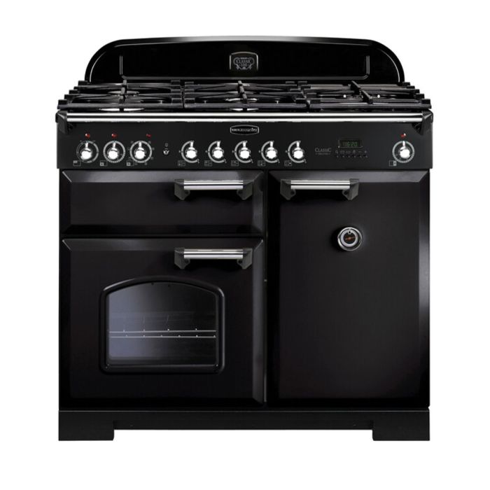 Rangemaster Classic Deluxe 100 Dual Fuel Range Cooker (Chrome Details) - Black main product photo