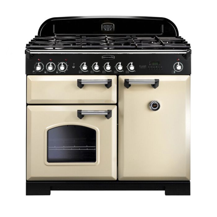Rangemaster Classic Deluxe 100 Dual Fuel Range Cooker (Chrome Details) - Cream main product photo