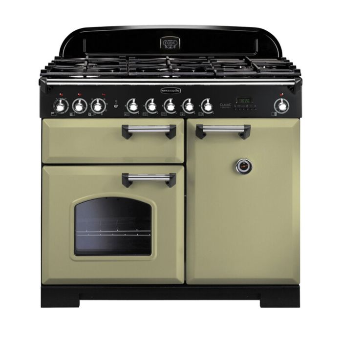 Rangemaster Classic Deluxe 100 Dual Fuel Range Cooker (Chrome Details) - Olive Green main product photo