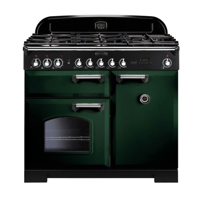 Rangemaster Classic Deluxe 100 Dual Fuel Range Cooker (Chrome Details) - Racing Green main product photo