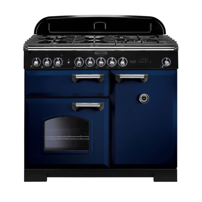 Rangemaster Classic Deluxe 100 Dual Fuel Range Cooker (Chrome Details) - Regal Blue main product photo