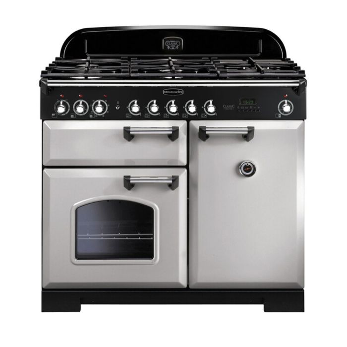Rangemaster Classic Deluxe 100 Dual Fuel Range Cooker (Chrome Details) - Royal Pearl main product photo