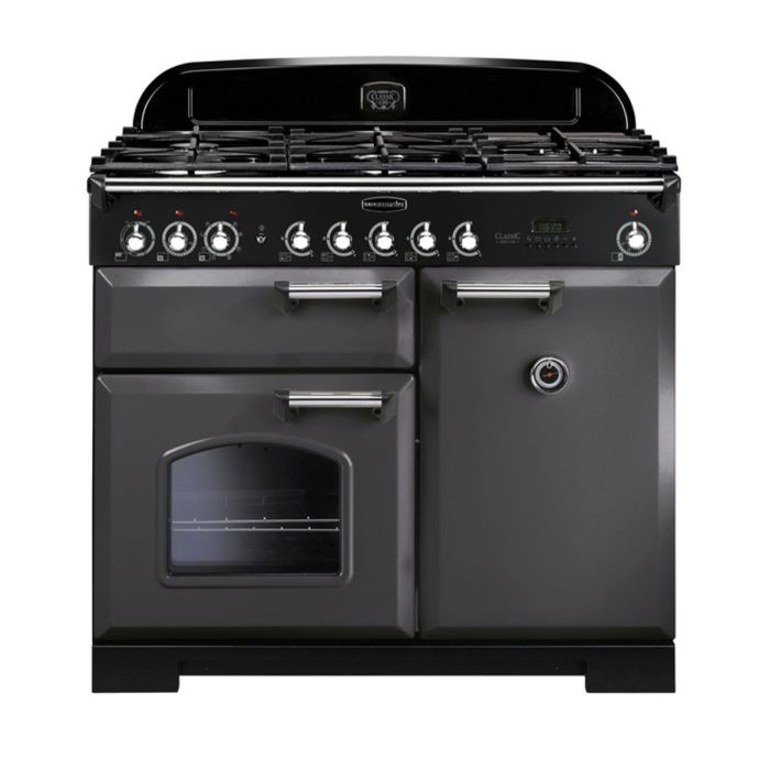 Rangemaster Classic Deluxe 100 Dual Fuel Range Cooker (Chrome Details) - Slate main product photo
