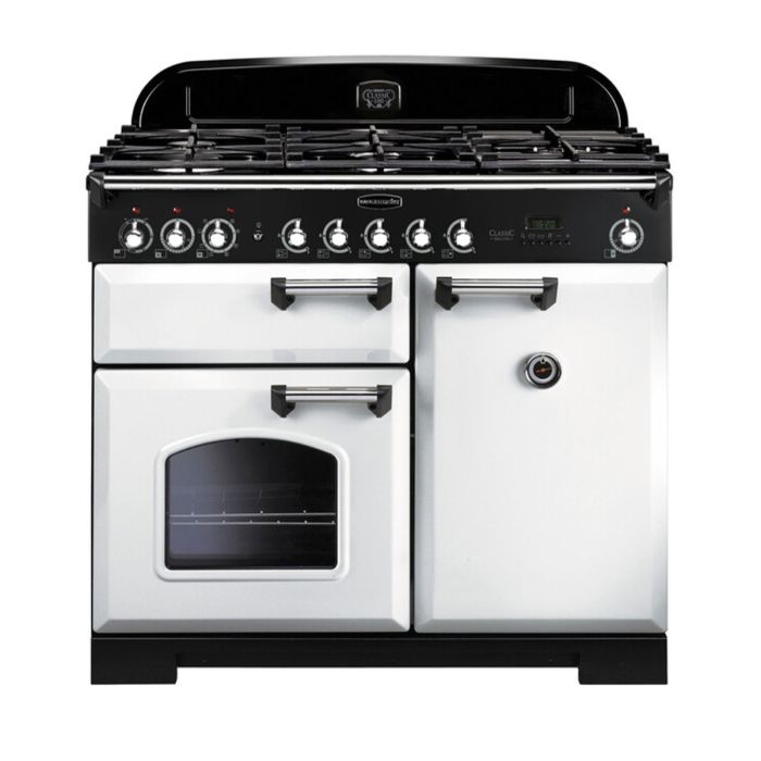 Rangemaster Classic Deluxe 100 Dual Fuel Range Cooker (Chrome Details) - White main product photo