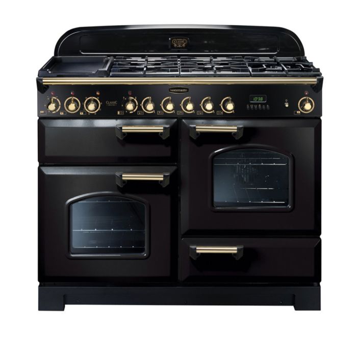Rangemaster Classic Deluxe 110 Dual Fuel Range Cooker (Brass Details) - Black main product photo