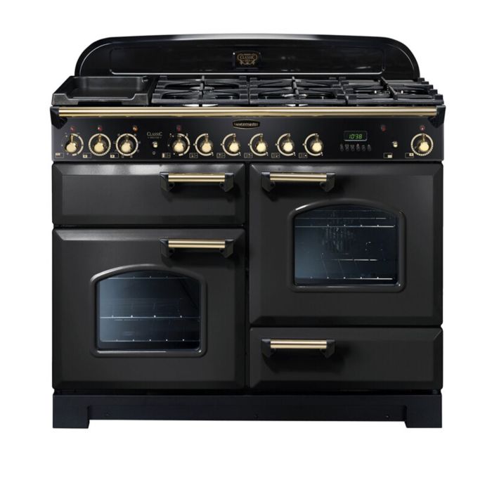 Rangemaster Classic Deluxe 110 Dual Fuel Range Cooker (Brass Details) - Charcoal Black main product photo