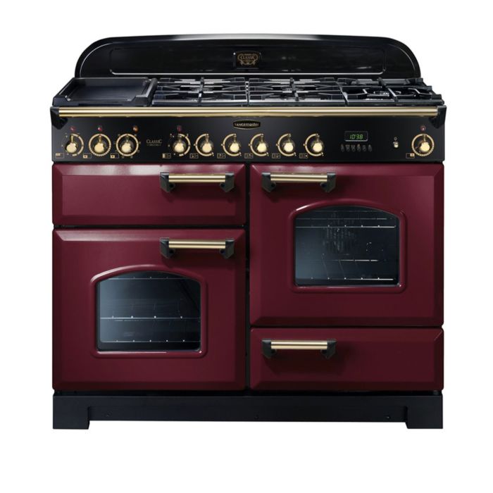 Rangemaster Classic Deluxe 110 Dual Fuel Range Cooker (Brass Details) - Cranberry main product photo