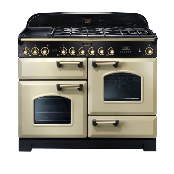 Rangemaster Classic Deluxe 110 Dual Fuel Range Cooker (Brass Details) - Cream main product photo