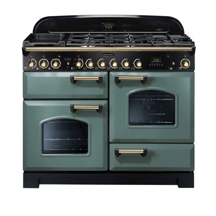 Rangemaster Classic Deluxe 110 Dual Fuel Range Cooker (Brass Details) - Mineral Green main product photo