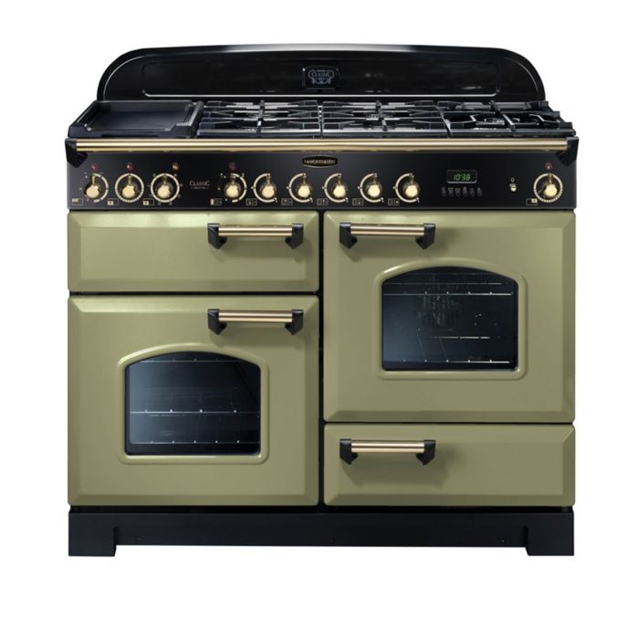 Rangemaster Classic Deluxe 110 Dual Fuel Range Cooker (Brass Details) - Olive Green main product photo