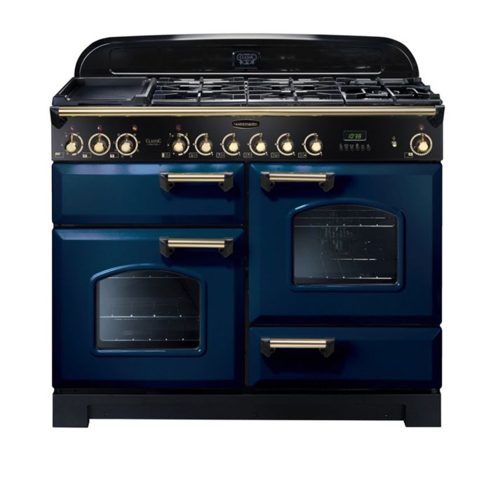 Rangemaster Classic Deluxe 110 Dual Fuel Range Cooker (Brass Details) - Regal Blue main product photo
